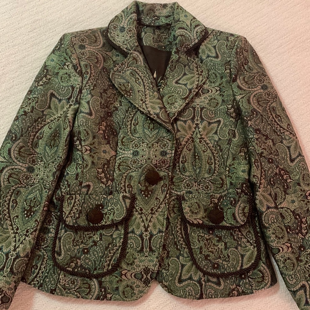 Hanna & Gracie Green Brocade Blazer with brown braided buttons and trim